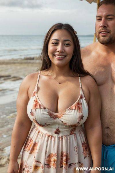 ((flower sundress)), (((cleavage))), ((thick)), beach festival, summer party, ((double chin)). a fat thick shorty filipina milf is posing in the beach with (((a very tall muscular american man))). - ai-porn.ai - Usa on pornintellect.com
