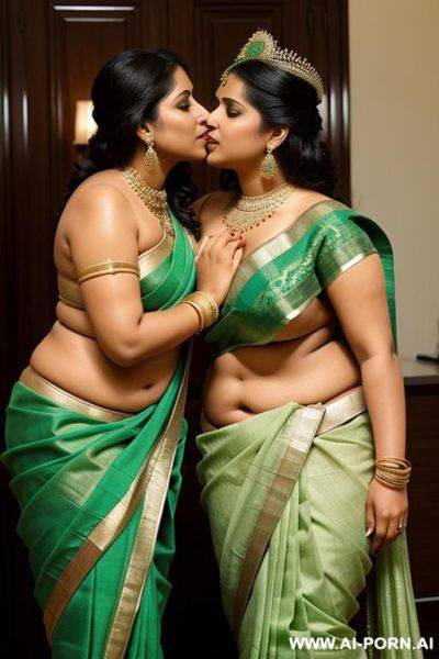One ancient indian chubby queen in a elegante green saree is kissing her favourite chubby full naked female servant with shaved vagina - ai-porn.ai - India on pornintellect.com