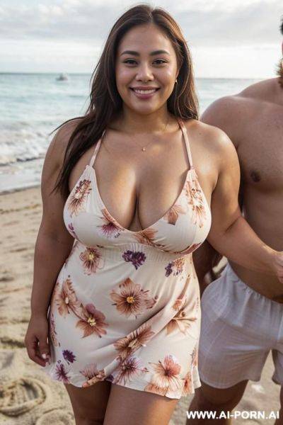((flower sundress)), cleavage, ((thick)), beach festival, summer party, ((double chin)). a fat thick shorty filipina milf is posing in the beach with (((a very tall muscular fit man))). she is - ai-porn.ai on pornintellect.com