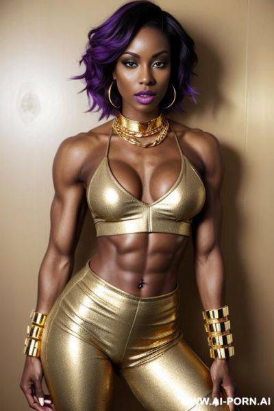 Black woman, toned body, toned waist, toned hips, toned abs, toned legs, gold belly chain, gold collar, gold armlet, gold thigh band, gold headband, purple lipstick, purple eyeshw, gold gladiator boots, gold hoop earrings - ai-porn.ai on pornintellect.com