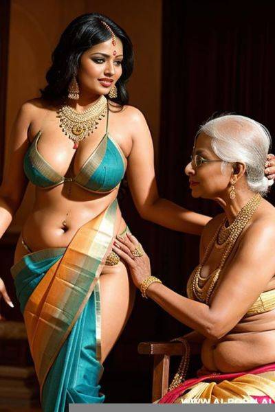 A pudgy full naked ancient indian harem female with shaved vagina is pleasuring an ancient indian queen in a traditional sari - ai-porn.ai - India on pornintellect.com