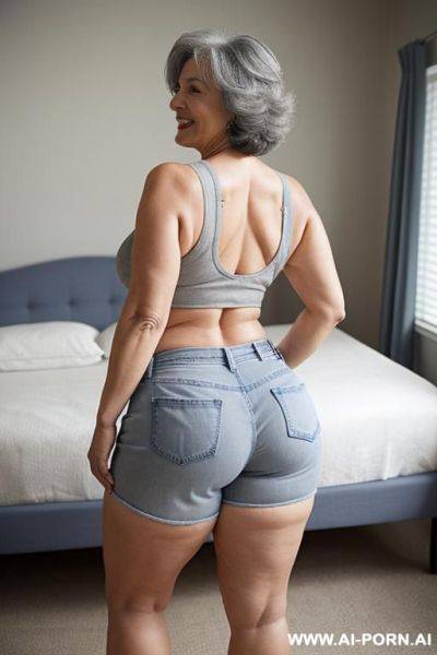 Back view, big ass, 0-years-old grandmother, voluptuous body, standing, short gray hair, big smile, very visible signs of aging, wearing blue jean shorts and a white tank top, luxurious room - ai-porn.ai on pornintellect.com