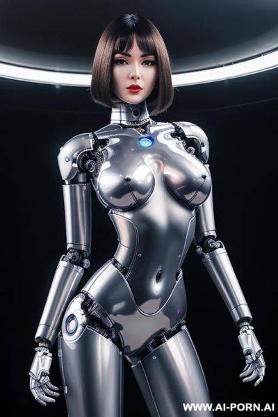 (realistic very detailed robot doll total meccanical artificial robot body woman) with long black hair and black-white glossy rubber latex glass transparent colored skin threads, glowing blue robotic - ai-porn.ai on pornintellect.com