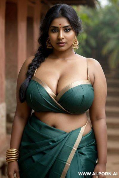 Indian woman, dark skin, super skimpy, busty, sexy sari, outdoors village, big cleavage, fat, thick, - ai-porn.ai - India on pornintellect.com