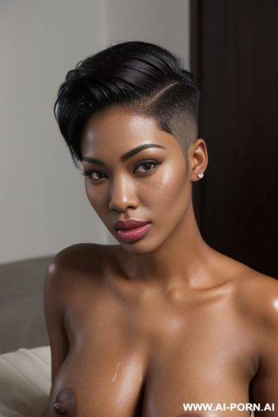 Totally naked. female. ultrarealistic. sexy. thick shiny body, naked pussy. wide hips. pretty face. ((perfect brown skin)). (((big full pouting lips))). ((sexy seductive orgasmic smirking)). ((short gelled side-swept undercut hair)) ((undercut hair)) - ai-porn.ai on pornintellect.com