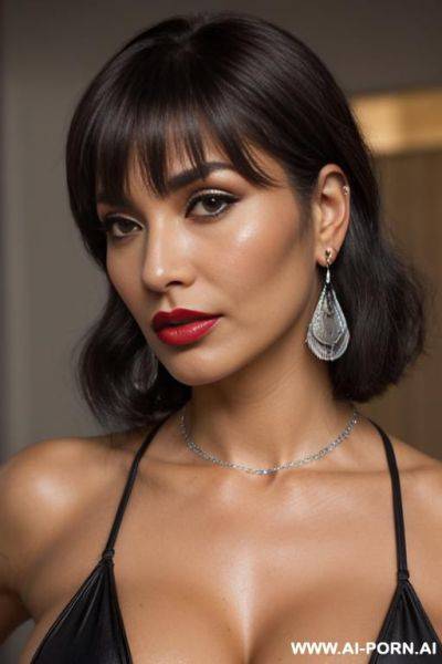Mexican, (mature, milf, beauty, super model, muscle, exotic, rare appearance), slut, whore, cinematic photo of one woman, (((perfect brown eyes))), (((high purle makeup))), ((black hair, long wavy - ai-porn.ai - Mexico on pornintellect.com