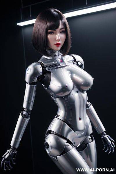 (realistic very detailed robot doll total meccanical artificial robot body woman) with long black hair and black-white glossy rubber latex glass transparent colored skin threads, glowing blue robotic - ai-porn.ai on pornintellect.com