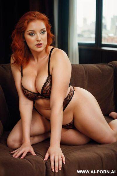 Curvy redhead tiger print top busty bulging nipples and boobs out of top, lower half panties with legs spread with seductive face - ai-porn.ai on pornintellect.com