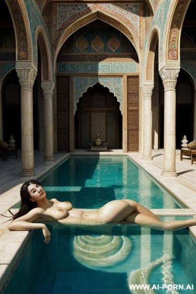 The pool in the harem” — is a famous painting by jean , depicting a peaceful and elegant eastern interior. in the scene, a clear marble pool reflects soft light, creating a calm and - ai-porn.ai on pornintellect.com