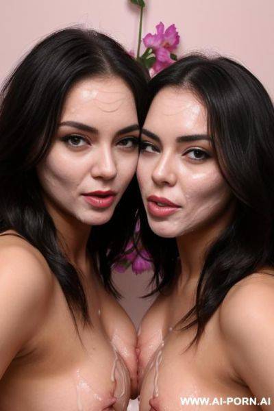 Twin gorgeous sisters with flowered top deep kissing each other in the bedroom with cum on hair and face, (cum on hair), (cum on face) - ai-porn.ai on pornintellect.com