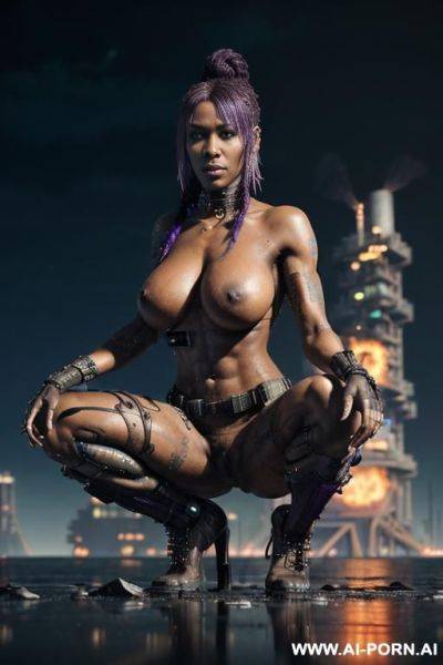 Beautiful fit ebony punk, (((cyberpunk))), (((lean toned body))), ((((defined muscles)))), (((abs))), (((((perfect massive boobs))))), ((punk hairstyle)), ((braided hair in a ponytail)), ((purple hair)), - ai-porn.ai on pornintellect.com