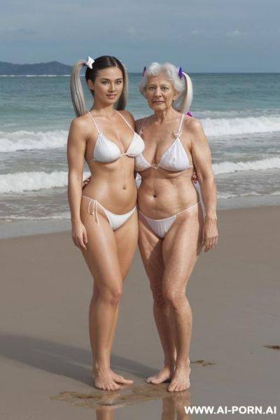 Hdr, flabby belly, bunda extremamente, photorealistic, (man and woman standing side by side:1.3), muscular man, grey hair grandma, (fair-skin-grandma:1.3), (high twin tails:1.3), flabby huge breast, large - ai-porn.ai on pornintellect.com
