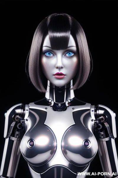 (realistic very detailed robot doll total meccanical artificial robot body woman) with long black hair and black-white glossy rubber latex glass transparent colored skin threads, glowing blue robotic - ai-porn.ai on pornintellect.com