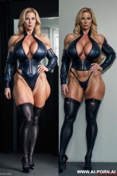 (((topless, naked tits))), waist-long blonde hair, ((((wide opened mouth)))), red lipstick, (((naval jacket with shoulder straps))), (((black micro skirt, black stockings, black high-heeled shoes, no - ai-porn.ai on pornintellect.com