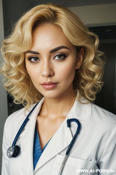 Hospital, doctor uniform, blonde hair, curly hair, serious face, brown eyes - ai-porn.ai on pornintellect.com