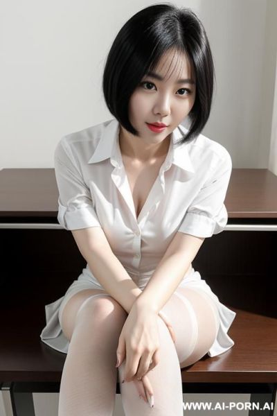 A 3-year-old korean woman with short black hair, wearing only a white shirt and black pantyhose, sits crouched on a desk, knees drawn to her chest, pointing the soles of her stockinged feet straight at the camera as she looks into the lens. - ai-porn.ai - North Korea on pornintellect.com
