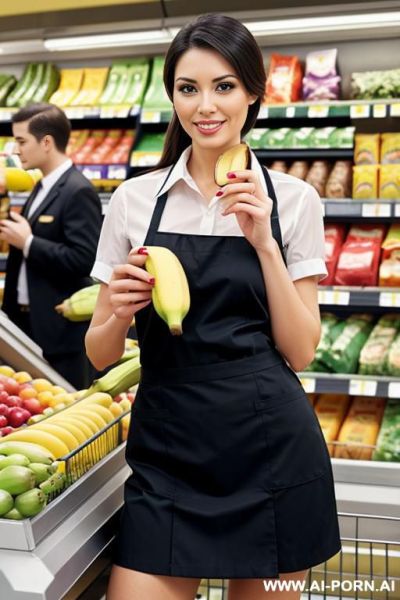 A grocery store cashier in her clothes, holding a banana in her hands. - ai-porn.ai on pornintellect.com