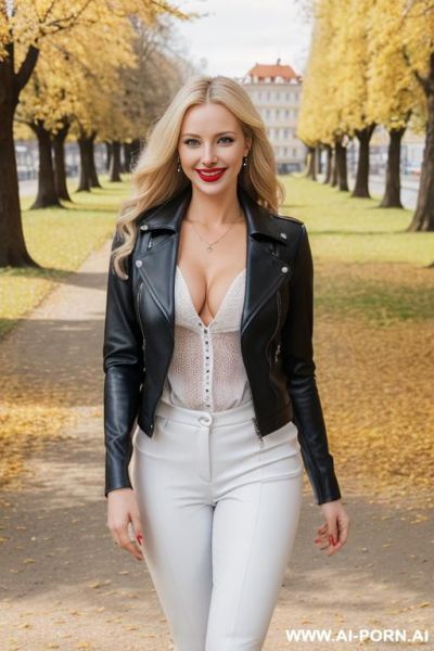 Beautiful woman, czech, long blonde hair, sapphire blue leather jacket, black pullover, white leather jodhpurs pants, red lips, sunshine, standing on a footpath in a czech city, river and park in background, fall - ai-porn.ai - Czech Republic on pornintellect.com