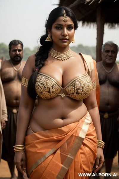 Indian woman, dark skin, busty, sexy sari, outdoors village, cleavage, multiple old men around, surrounded by fat old men, shirtless men, dark-skinned men - ai-porn.ai - India on pornintellect.com