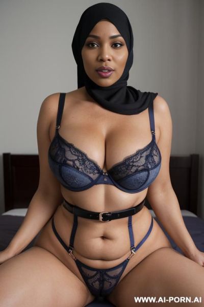 Curvy ginger 0 years, (((large gigantic massive oversized breasts))), black hijjab that covers her body, happy horny seductive expression, sleepy eyes, big lips - ai-porn.ai on pornintellect.com