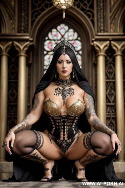 Luxury boho gold rhinestone body chain, long layered rhinestone tassel chest chain, rhinestone tassel chain face mask.(((( tan skin)))), (((extreme hourglass body shape))) (((wide pelvic bones))) (((sex bomb))) (((narrow strong waist))) - ai-porn.ai on pornintellect.com