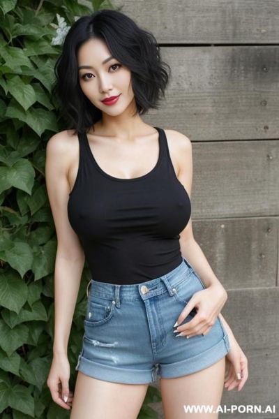 Pretty, japanese, 30, short wavy hair, black hair, natural boobs, slight smile, makeup, eye shw, standing, spreading legs, sleeveless t-shirt, denim shorts, walled garden background. - ai-porn.ai - Japan on pornintellect.com