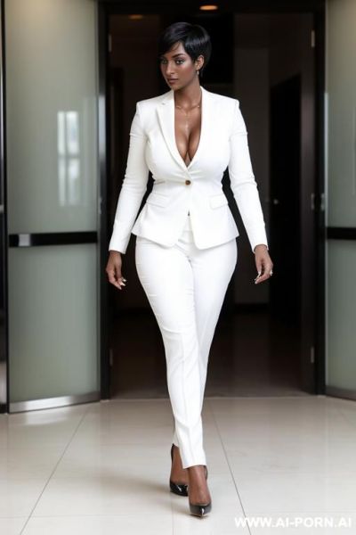 (hot sexy tall woman) (dark skin ) (huge tits) (pixie hair) (high heels) (white business suit) - ai-porn.ai on pornintellect.com