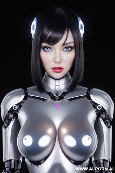 (beautiful realistic very detailed robot doll total meccanical artificial robot body woman) with long black hair and black-white glossy rubber latex glass transparent colored skin threads, glowing blue - ai-porn.ai on pornintellect.com