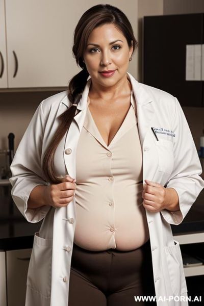 Medical doctor, fifty years of age, brown hair, pony tail, brown eyes, curvy and a bit fat, breast full and round but not too big, lab coat not button up, naked under lab coat. - ai-porn.ai on pornintellect.com