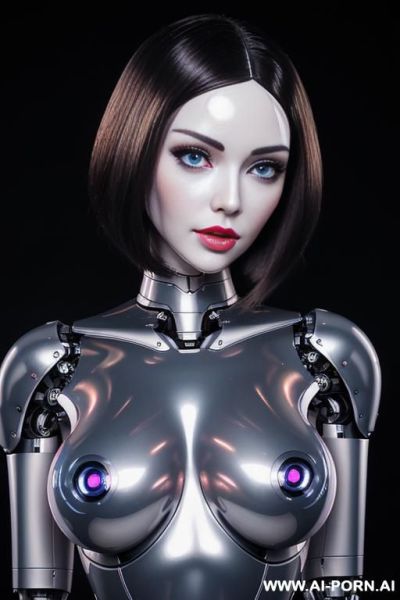 (beautiful very realistic very detailed robot doll total meccanical artificial robot body woman) with long black hair and black-white glossy rubber latex glass transparent colored skin threads, glowing - ai-porn.ai on pornintellect.com