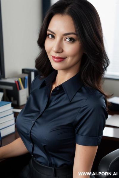 Tight dark blue office shirt, big tits, skirt, proud smirk - ai-porn.ai on pornintellect.com