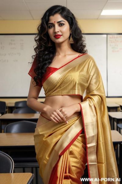 Teacher, white skin, red lipstick, in golden saree - ai-porn.ai on pornintellect.com