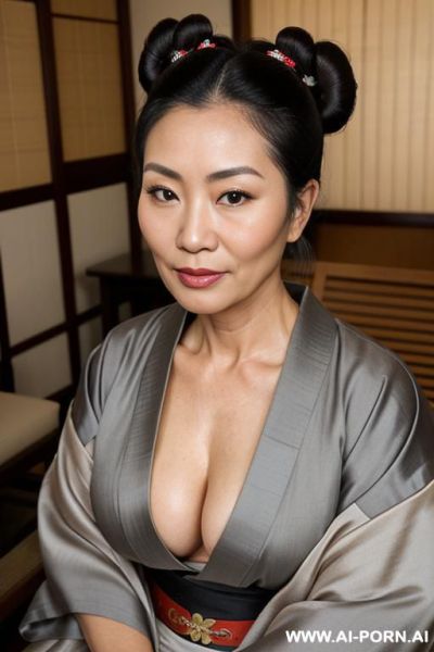 Oiled body, perfect round tits, tan, traditional kimono, grey hair - ai-porn.ai on pornintellect.com