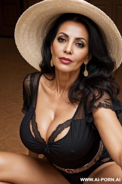 Middle eastern, deep cleavage, kneeling down, looking up, closeup from above, big lips, seductive - ai-porn.ai on pornintellect.com