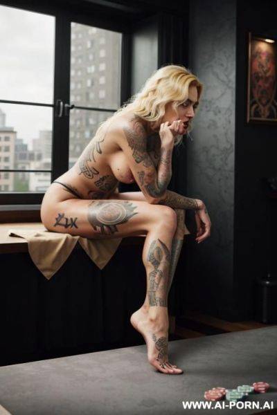 Very long, curly golden blonde hair, a tanned complexion, and a tall, slender, and athletic build but with a princess-like quality from her curls, though the gray eyes hint at her nature. she of is naked and 1 - ai-porn.ai on pornintellect.com