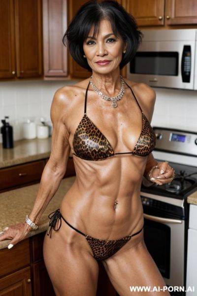 Matured old milf, wrinkles, wrinkled skin, aging marks, extremely tanned skin, animal print hooker bikini, necklace, elries, perfect eyes, waist shot, kitchen - ai-porn.ai on pornintellect.com