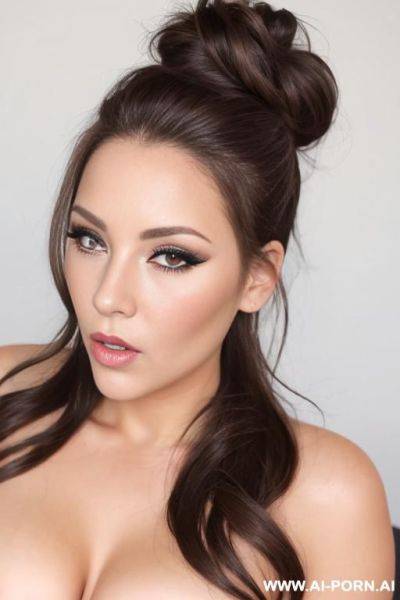 Chubby brunette messy hair in bun seductive brown eyes mouth open pov - ai-porn.ai on pornintellect.com
