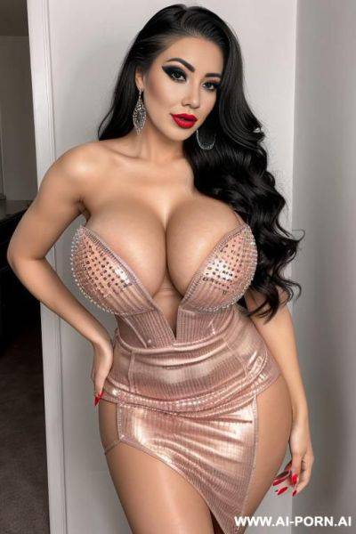 Tall busty bimbo slut, cumslut, gigantic fake tits, athletic build, plump full lips, full frontal, alot of make up, red lipstick, long eyelashes, ((keep face)), ((keep body)), - ai-porn.ai on pornintellect.com