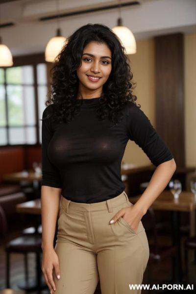 ((black crew neck shirt, khaki pants )), (pretty face), (detailed face), (soft slutty smile), (perfect nipples), (natural lighting), (large areolas) , ((highly detailed photo)), dark complexion | - ai-porn.ai on pornintellect.com