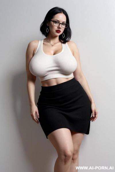 Narrow waist, white sweater tank top, black sweater skirt, visible midriff, nerdy goth, low hanging teardrop breasts - ai-porn.ai on pornintellect.com