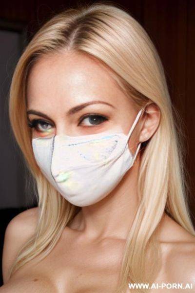 Totally naked busty white woman, blonde hair, wearing a mask covering her eyes and nose and mouth, sweating, cum all over, super horny - ai-porn.ai on pornintellect.com