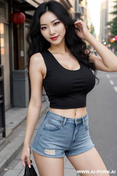 Pretty, chinese, milf, flowing wavy hair, black hair, natural boobs, slight smile, makeup, eye shw, standing, spreading legs, sleeveless t-shirt, jean shorts, street background. - ai-porn.ai - China on pornintellect.com