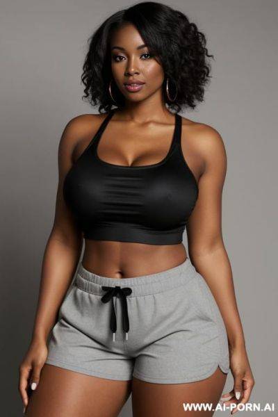 Black woman, wide hips, athletic stomach, large breasts, wearing shorts and a top - ai-porn.ai on pornintellect.com