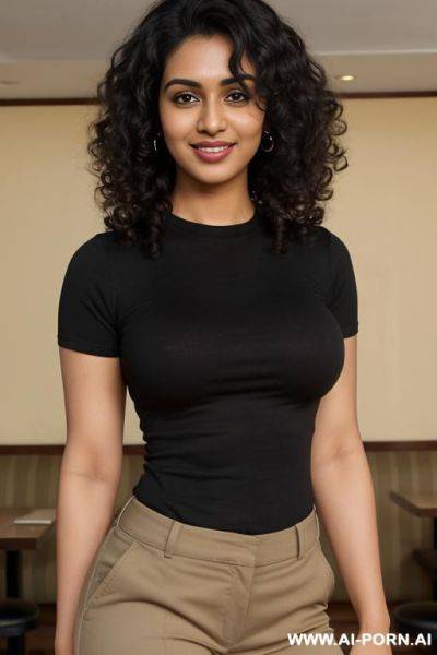 ((tight fitted black crew neck short sleeve shirt, khaki pants)), (pretty face), (detailed face), (soft slutty smile), (perfect nipples), (natural lighting), (large areolas) , ((highly detailed photo)), dark complexion | - ai-porn.ai on pornintellect.com