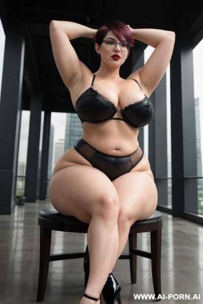 Chubby, goth, big natural tits, 30, glasses, short hair, rosé lipstick, playing with nipples, gigantic heavy saggy boobs, ((arms up)) very large hips, big ass - ai-porn.ai on pornintellect.com