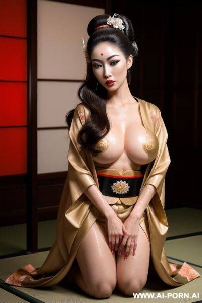 (middle eastern supermodel), ((seductive)), ((orgasmic expression)), ((arabic skin)), ((wet long bouffant voluminous auburn brown fluffy wavy two-tone long hair bun)), ((perfect medium round boobs)), - ai-porn.ai on pornintellect.com