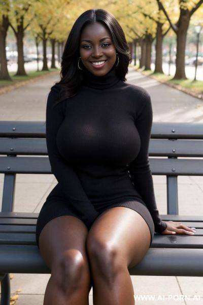 Medium shot photo, (((massive breasts))), dark skinned, legs spread 20 year old, wearing an oversized turtleneck, smiling, svelte body, sitting on a park bench - ai-porn.ai on pornintellect.com