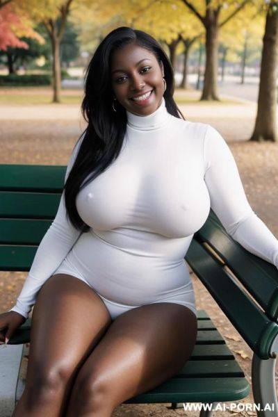 Medium shot photo, ((massive breasts)), dark skinned, legs spread 20 year old, wearing a white turtleneck, smiling, chubby body, sitting on a park bench - ai-porn.ai on pornintellect.com