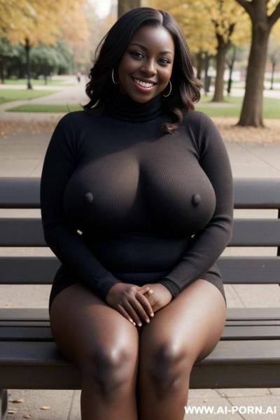 Medium shot photo, (((massive breasts))), dark skinned, legs spread 20 year old, wearing an oversized turtleneck, smiling, chubby body, sitting on a park bench - ai-porn.ai on pornintellect.com