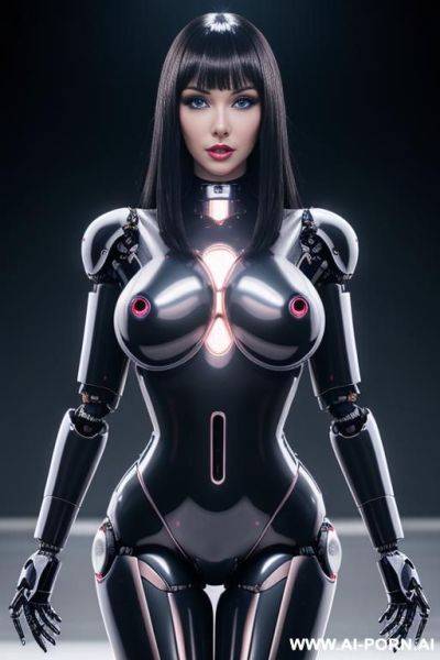 (realistic very detailed robot total meccanical artificial robot body woman) with long black hair and black glossy latex glass transparent colored skin threads, glowing blue robotic eyes, and a - ai-porn.ai on pornintellect.com